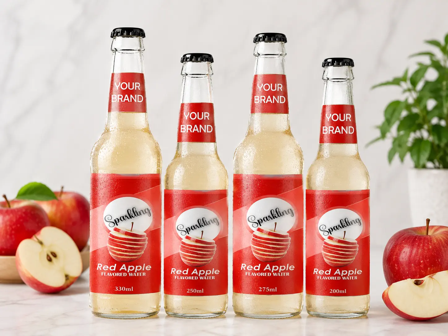 SPARKLING FLAVORED WATER Red Apple 330ml, 250ml, 275ml and 200ml glass bottles